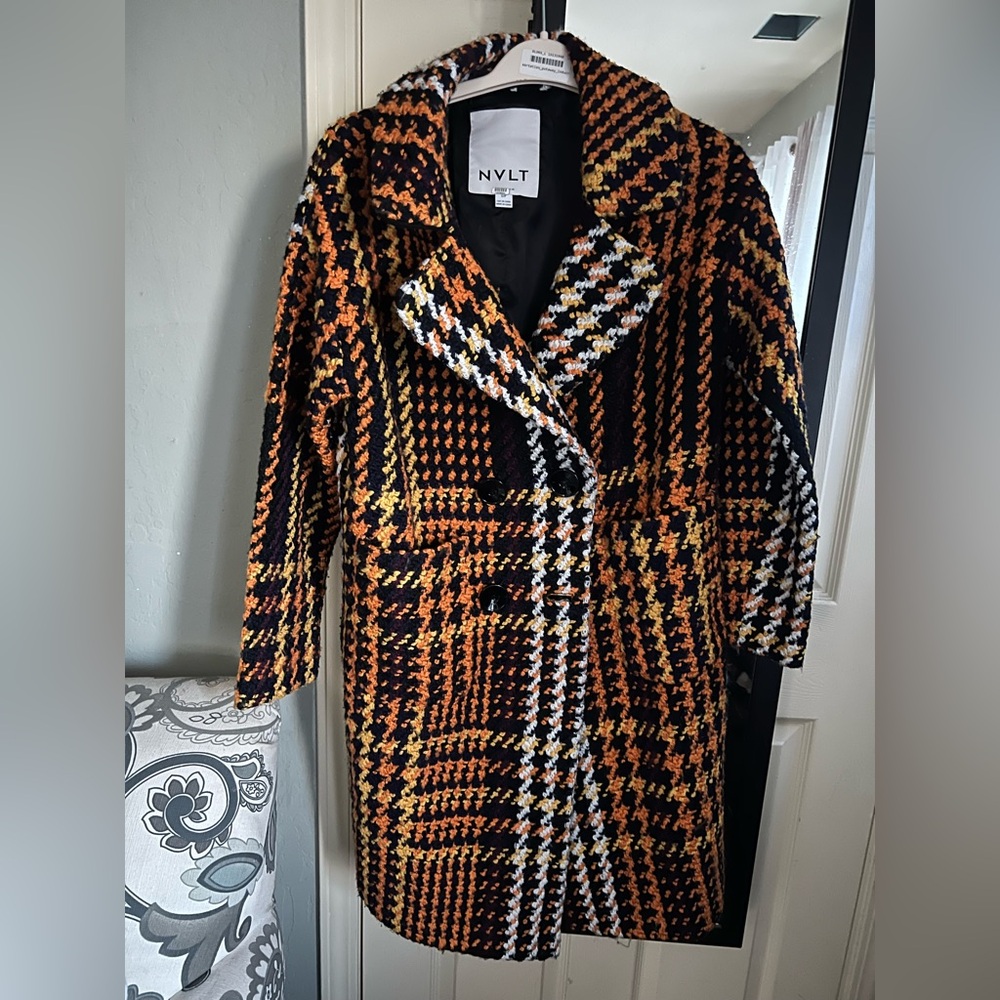 NVLT Women's Checkered coat  in Black, Orange, and White s small